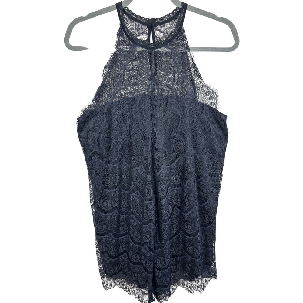 Umgee NWT Black Floral Lace Halter Dress Sleeveless Eyelash Scallop Hem Large